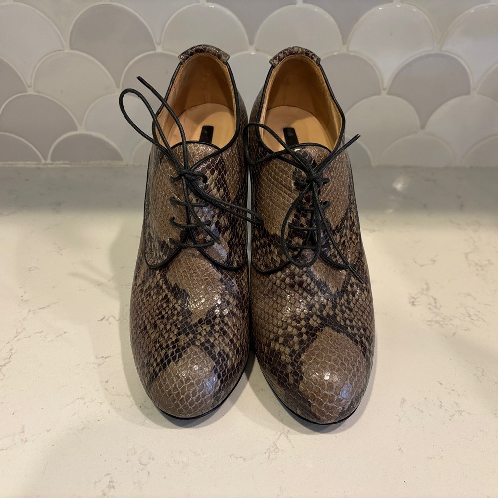 Longchamp laced up boots in olive green python print. Women's Shoes